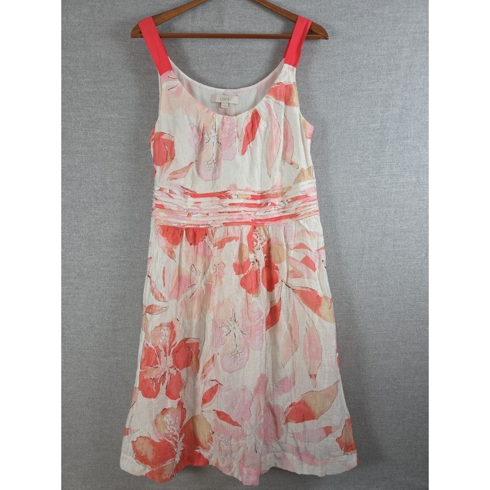 Ann Taylor Loft Linen Gauze Sun Dress 14 Watercolor Hibiscus Floral Coral 5330